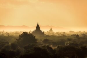 A view over Bagan temples in Myanmar at sun rise