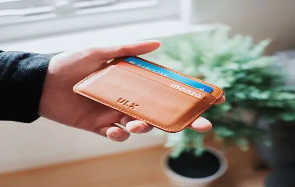 Hand holding a tan leather wallet with a Monzo card and a Barclays card peeking out, set against a background featuring a small green plant and sunlight.