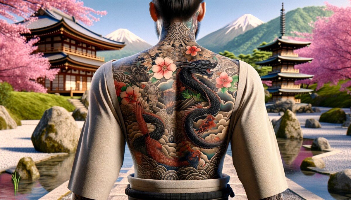 A Japanese man facing away from the camera with tattoos on his back