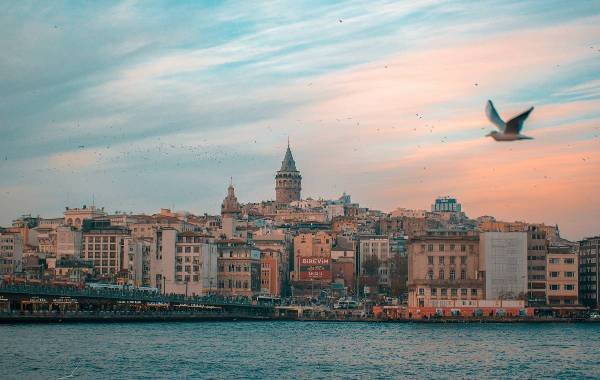Cityscape of Istanbul, Turkey featuring the iconic Galata Tower, historic buildings along the waterfront, and a bird flying in the foreground against a colorful sky.