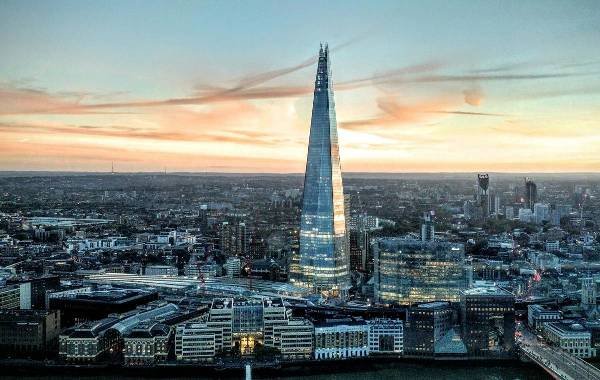 The Shard stands tall in London from an aerial view