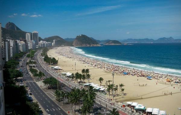 A panoramic view of Copacabana Beach in Rio de Janeiro, Brazil, showcasing a bustling sandy shore lined with beachgoers, palm trees, and a vibrant cityscape against a backdrop of mountains and blue sky.