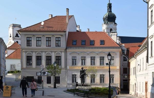 Historic buildings and a statue in a picturesque square in Győr, Hungary, featuring traditional architecture and a prominent church tower in the background.