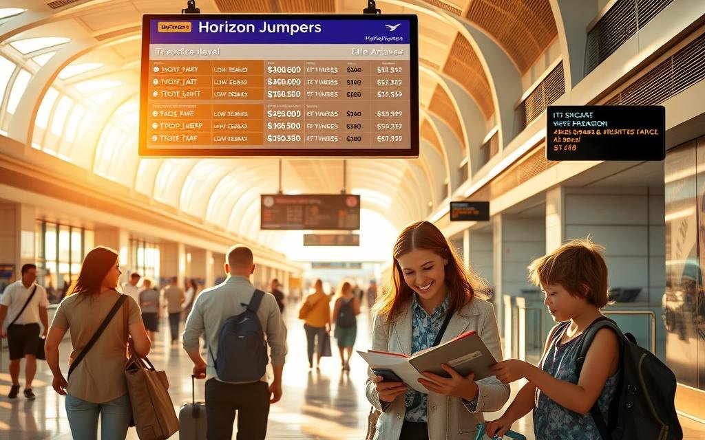A serene, sun-dappled airport concourse with travelers strolling past the Horizon Jumpers airline counter. Overhead, a digital board displays a variety of low-season flight options to exotic locales, their prices remarkably affordable. In the foreground, a family excitedly examines flight itineraries, their faces aglow with the promise of a budget-friendly getaway. The scene is bathed in warm, golden light, conveying a sense of tranquility and possibility. Sleek, modern architecture frames the scene, hinting at the effortless ease of low-season travel.