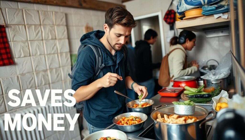 Backpacker cooking a simple meal in a hostel kitchen, saving money on food costs