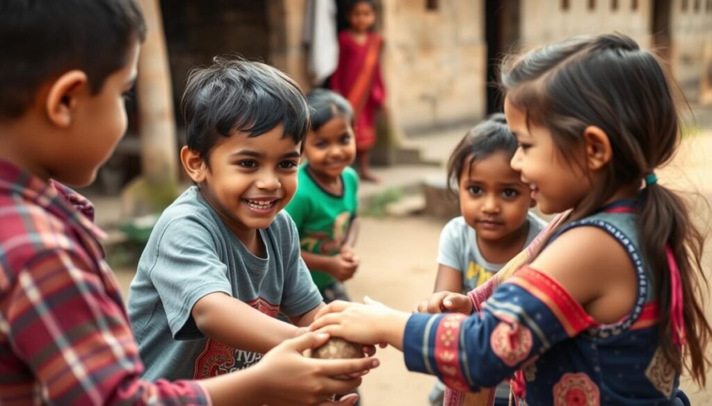 Children interacting with local kids during international travel, showing cultural exchange