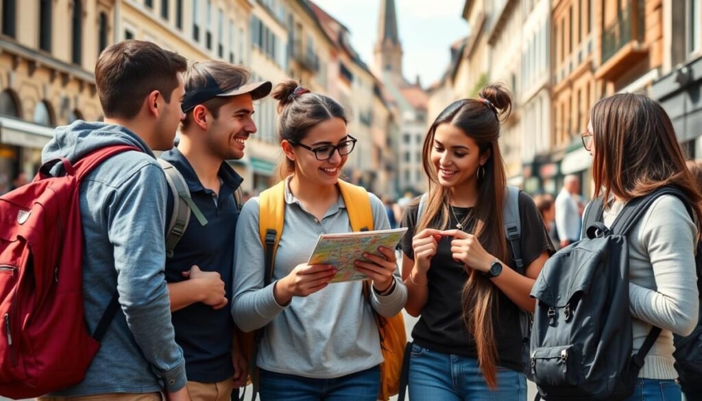 Group of students with backpacks exploring a European city, using budget travel techniques