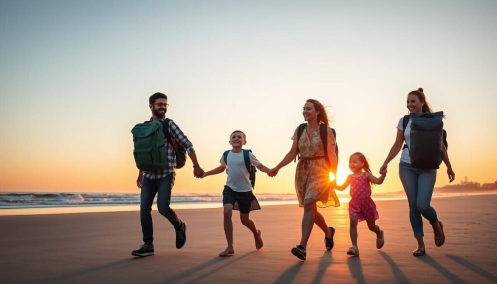 Happy family with backpacks walking on a beach at sunset, showing joyful family travel experience