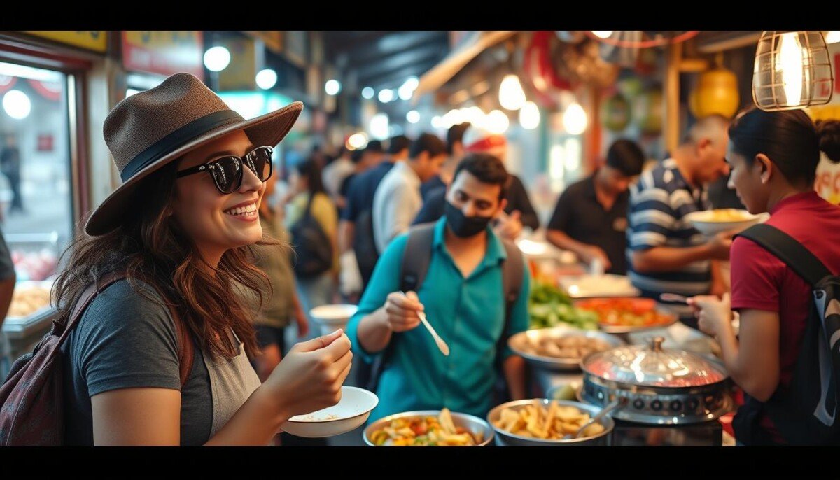 Traveler eating at a local street food market away from tourist areas
