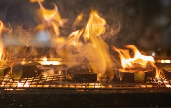 Grilled food with vibrant flames and smoke rising from a barbecue grill, showcasing a delicious cooking scene