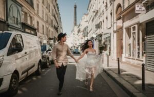 A couple joyfully running hand-in-hand through a charming Parisian street, with the Eiffel Tower visible in the background, capturing a romantic proposal moment