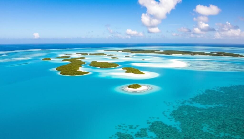 Aerial view of Aitutaki lagoon showing tropical islands in the sun and coral formations