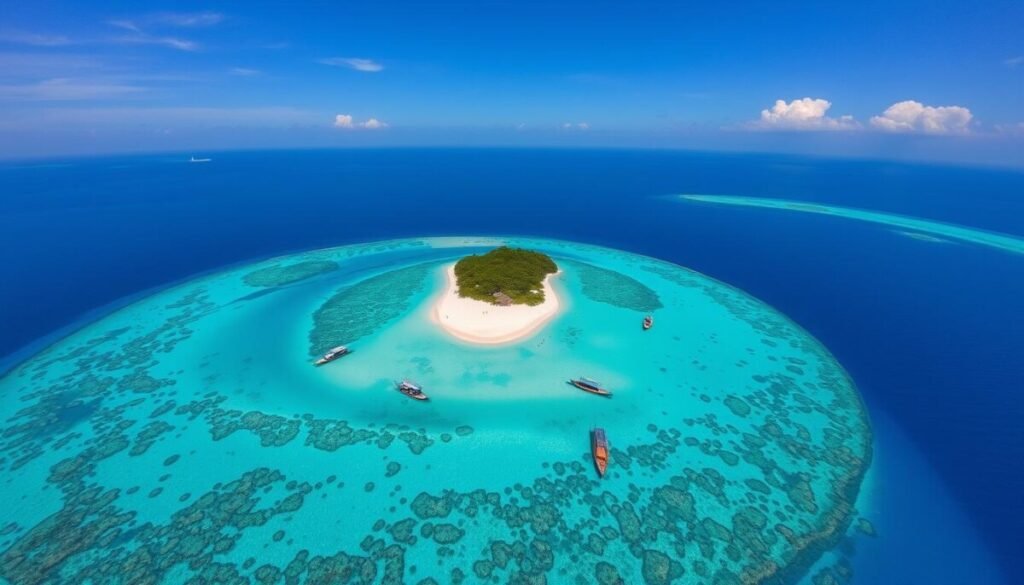 Aerial view of Koh Lipe island showing tropical islands in the sun and surrounding coral reefs