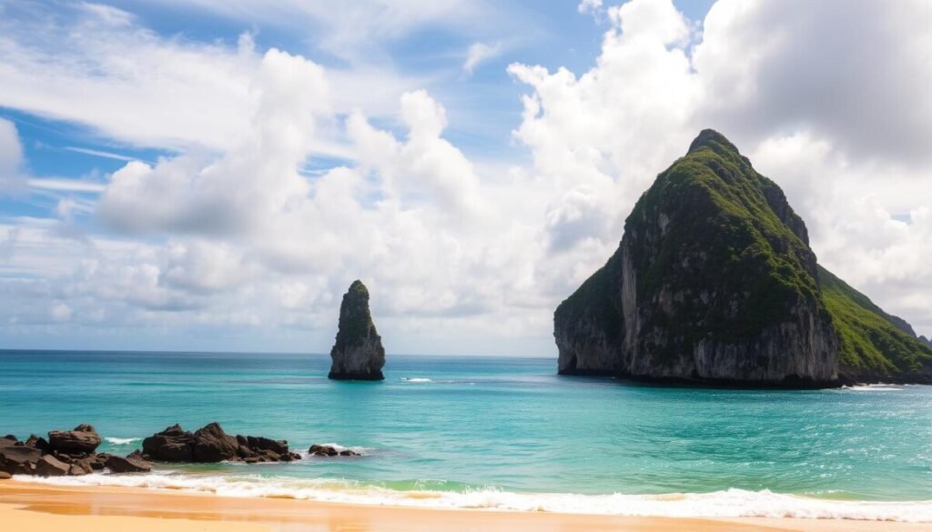 Dramatic Dois Irmãos rocks and tropical islands in the sun of Fernando de Noronha