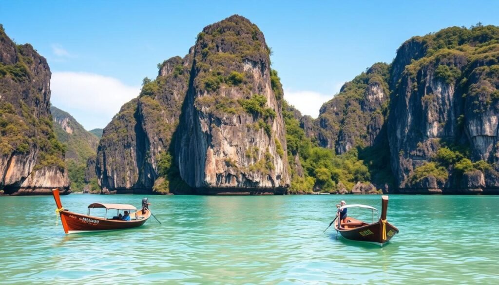 El Nido's limestone cliffs and tropical islands in the sun of Palawan, Philippines