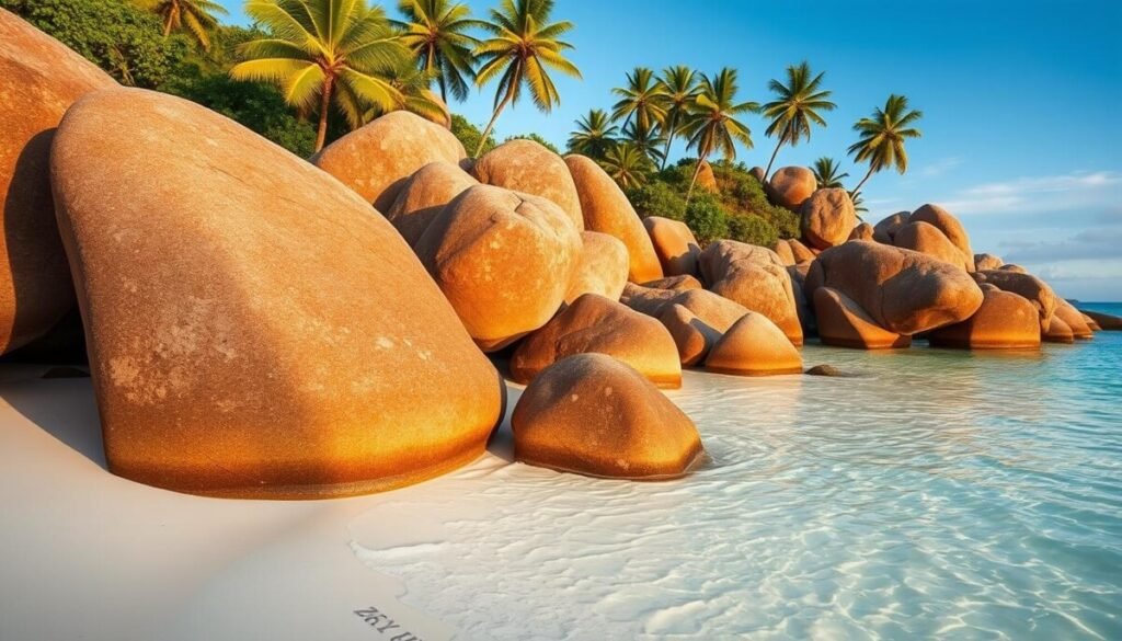 Famous Anse Source d'Argent beach with granite boulders and tropical islands in the sun