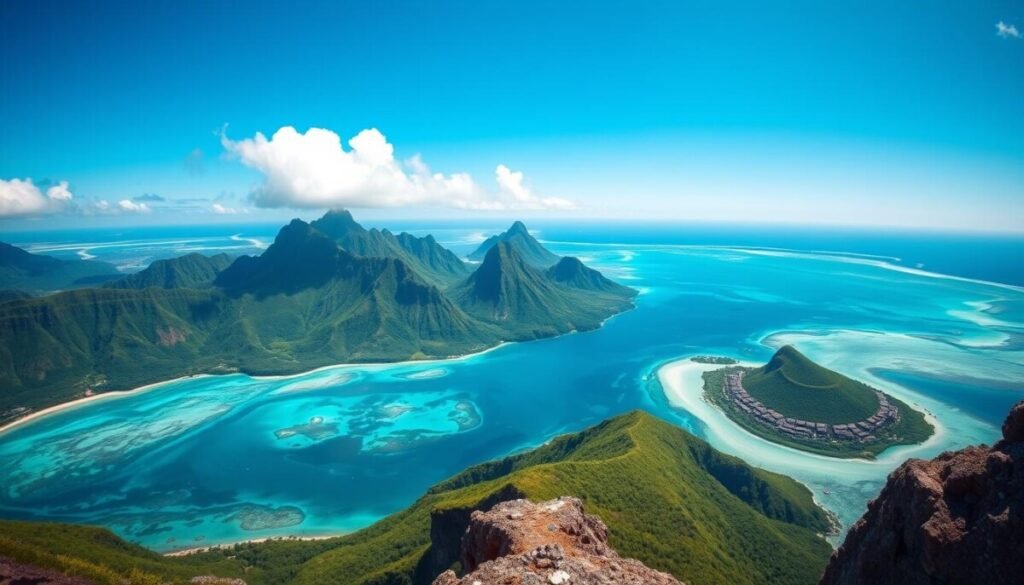 Heart-shaped island of Moorea with tropical islands in the sun visible from mountain viewpoint
