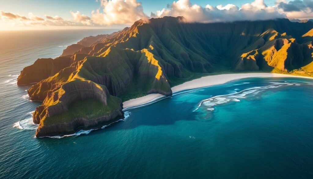 Na Pali Coast of Kauai showing dramatic cliffs and tropical islands in the sun