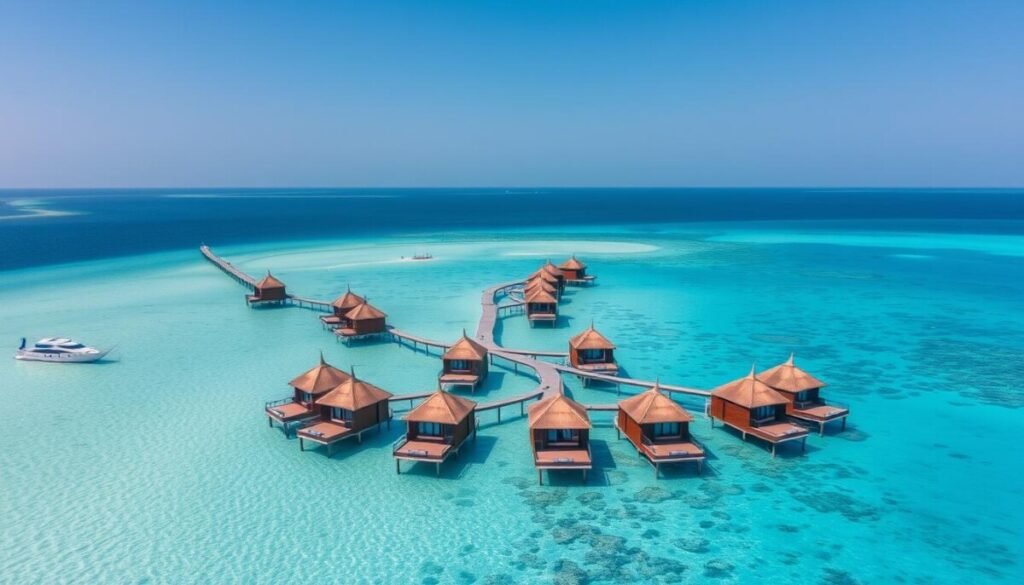 Overwater bungalows in the Maldives with tropical islands in the sun visible in the background