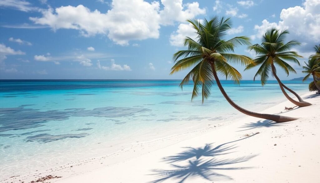 Pristine beach on Little Corn Island with palm trees and tropical islands in the sun