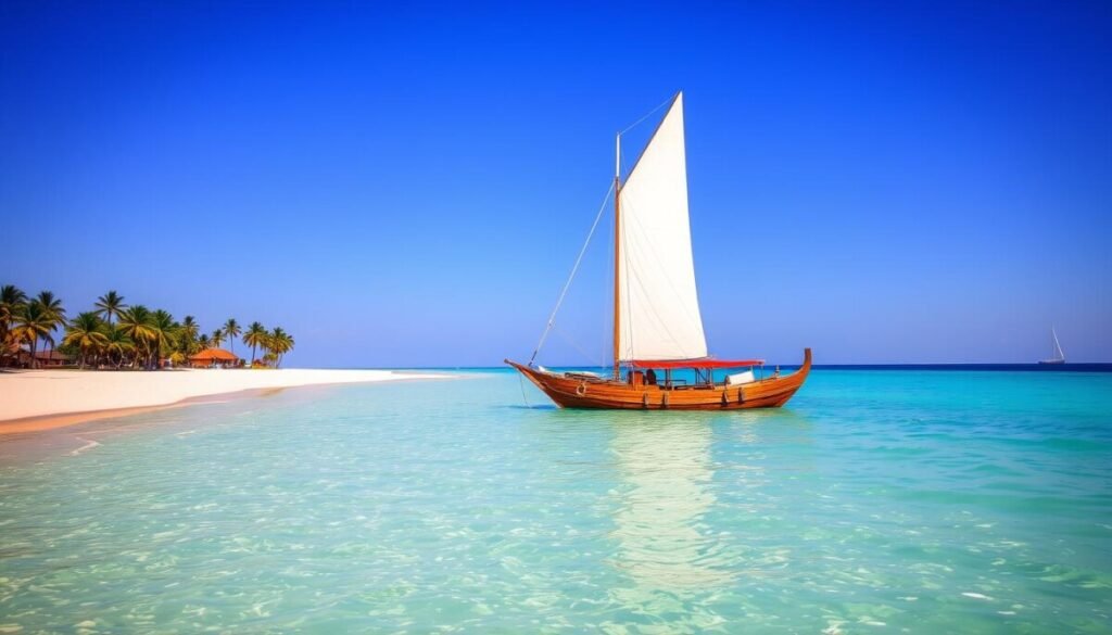 Traditional wooden dhow sailing boat near tropical islands in the sun of Zanzibar