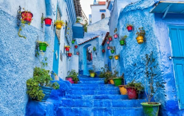 Blue-washed streets of Chefchaouen, Morocco, featuring colorful flower pots and vibrant greenery lining the staircase, creating a picturesque scene