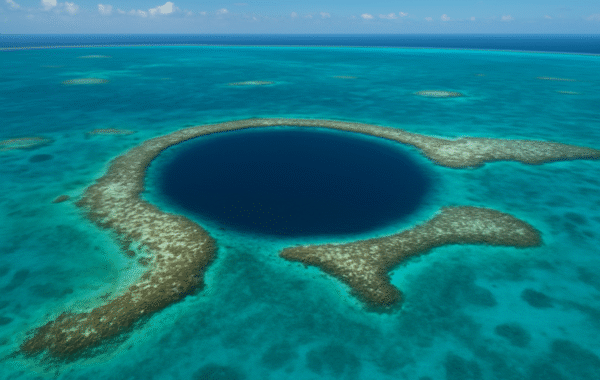Aerial view of the Great Blue Hole in Belize, showcasing its iconic circular shape surrounded by vibrant coral reefs and turquoise waters