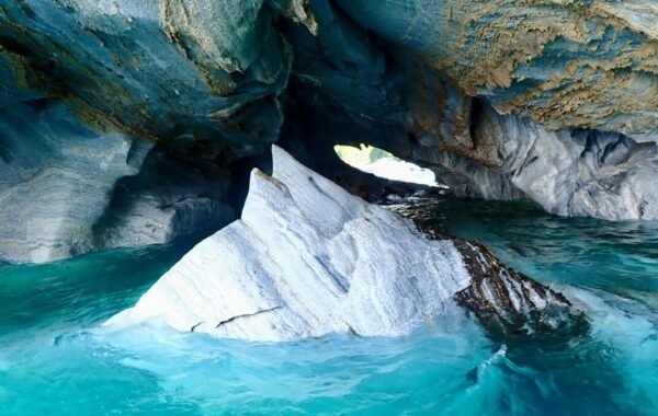 Stunning view of the Marble Caves in Chile, showcasing unique rock formations and vibrant turquoise water