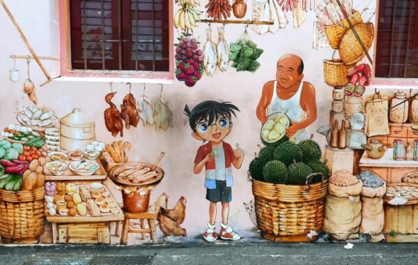 Vibrant mural depicting a lively market scene in Singapore, featuring a young boy interacting with a smiling vendor amidst colorful displays of fruits, vegetables, and local delicacies