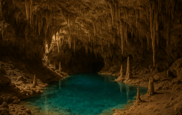 Stunning view of Waipi Cave in New Zealand, featuring a tranquil blue pool surrounded by unique rock formations and impressive stalactites