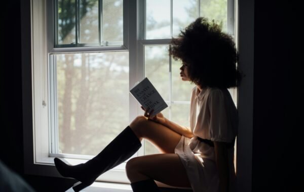 A woman with curly hair sits on a windowsill, wearing a light dress and knee-high boots, reading a book, capturing the essence of solo female travel and relaxation