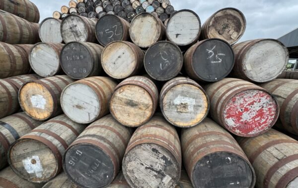 Stacked wooden barrels in varying colors and conditions, arranged haphazardly against a cloudy sky, showcasing the rustic charm of a distillery or storage facility